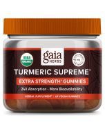 Gaia herbs turmeric supreme extra strength gummies with 60 vegan gummies. In an orange and clear jar.