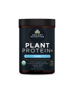 ancient nutrition plant plus protein in the vanilla flavor. Comes in a sleek, black container.