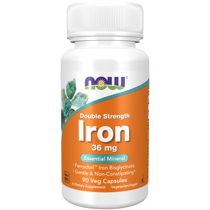 NOW Foods Iron 36 mg, Double Strength - 90 Veg Capsules