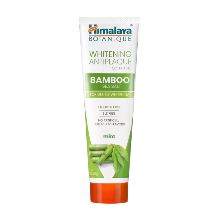 Himalaya Botanique Whitening Antiplaque toothpaste, bamboo and sea salt toothpaste in a white and green tube.