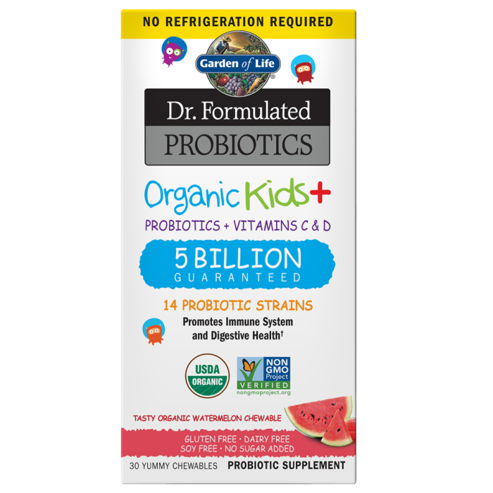 Garden of Life Dr. Formulated Probiotics Organic Kids+, Shelf Stable, Watermelon Flavor, 30 Chewables