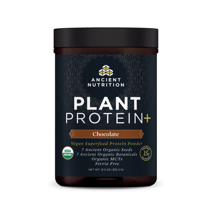 ancient nutrition plant plus protein in the chocolate flavor. Comes in a sleek, black container.