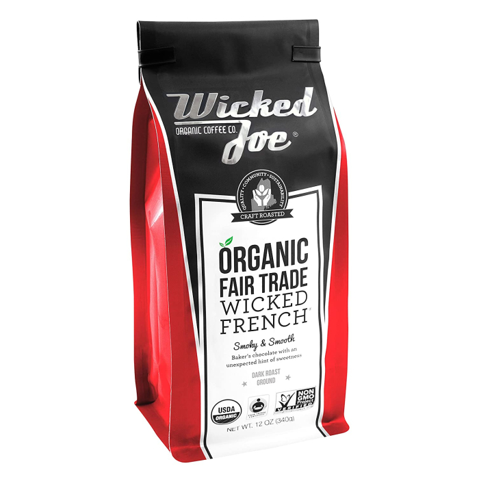 A red and black bag of Wicked Joe Organic Wicked French Ground Coffee. With a craft roasted seal.