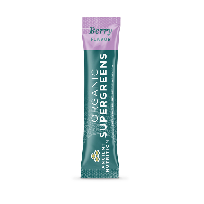 Ancient Nutrition Organic SuperGreens Berry Flavor Stick Packs - Front view