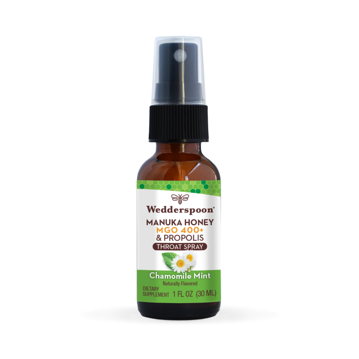 Wedderspoon Manuka Honey & Propolis Throat Spray Chamomile Mint - Front view