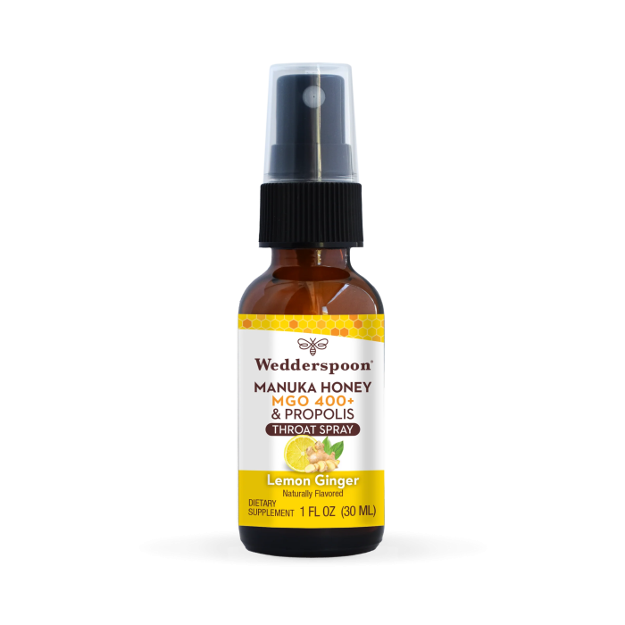 Wedderspoon Manuka Honey & Propolis Throat Spray Lemon Ginger - Front view